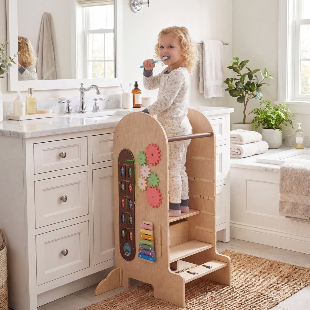 Kids Standing Tower with Chalkboard & Slide - Adjustable Height Toddler Step Stool