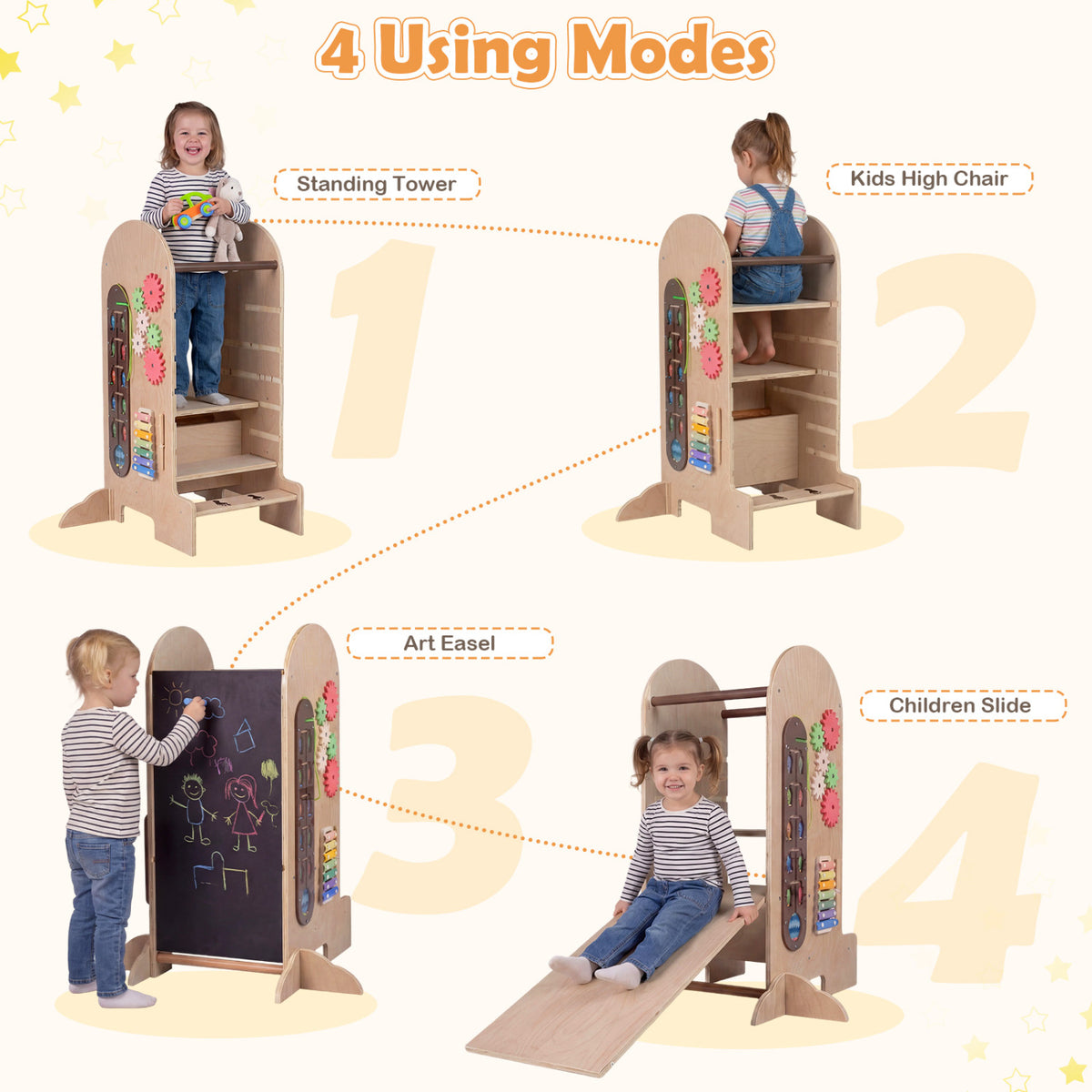 Kids Standing Tower with Chalkboard & Slide - Adjustable Height Toddler Step Stool