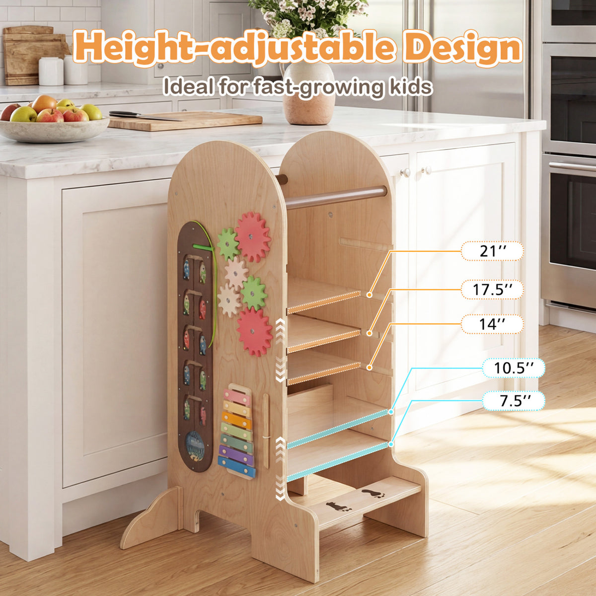 Kids Standing Tower with Chalkboard & Slide - Adjustable Height Toddler Step Stool