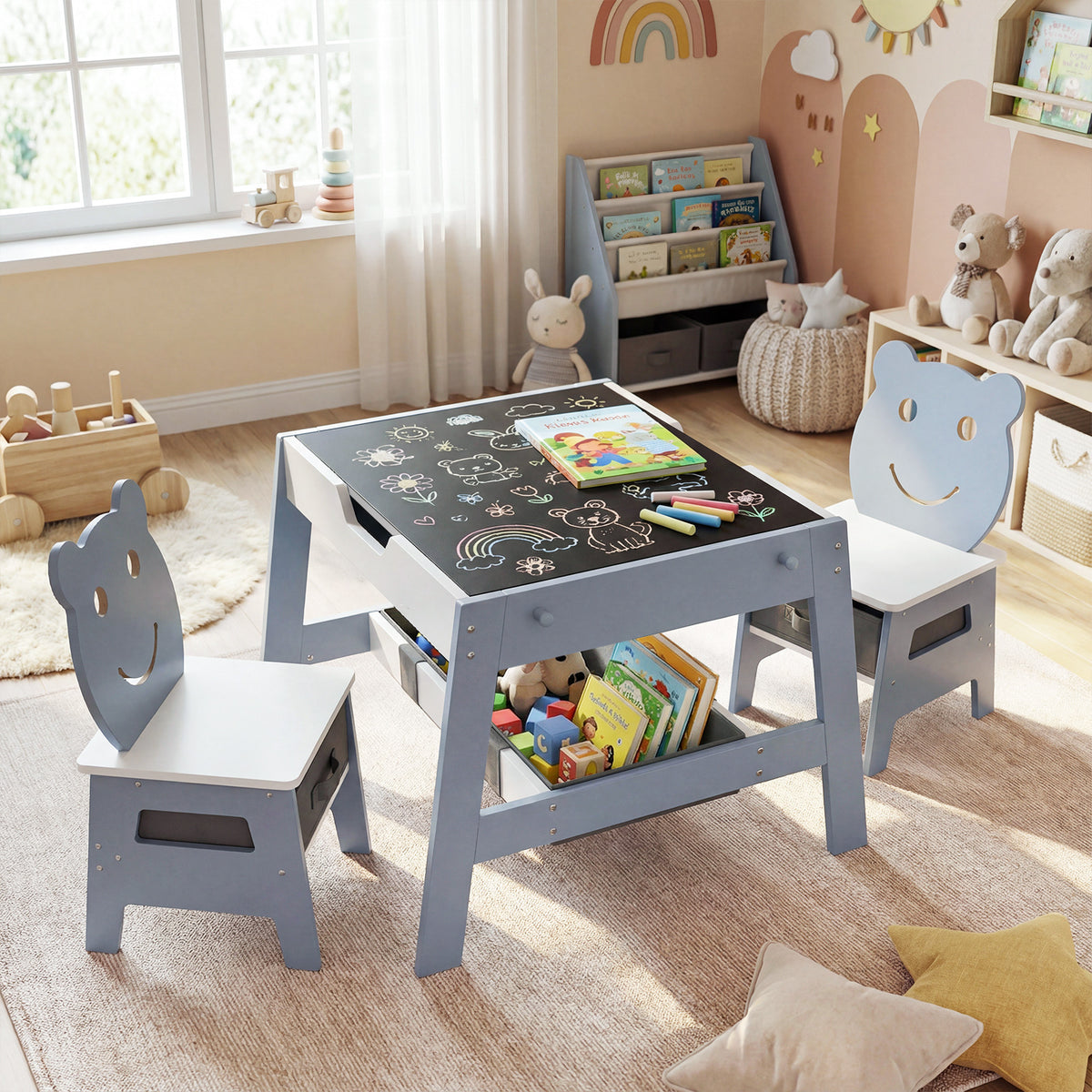 5-in-1 Toddler Art Desk Set with Reversible Chalkboard and Whiteboard - Gray