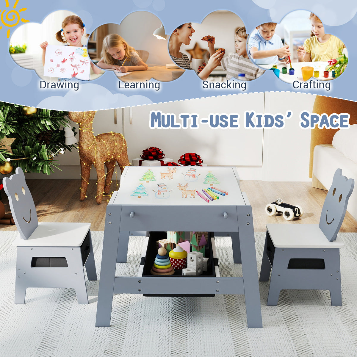 5-in-1 Toddler Art Desk Set with Reversible Chalkboard and Whiteboard - Gray