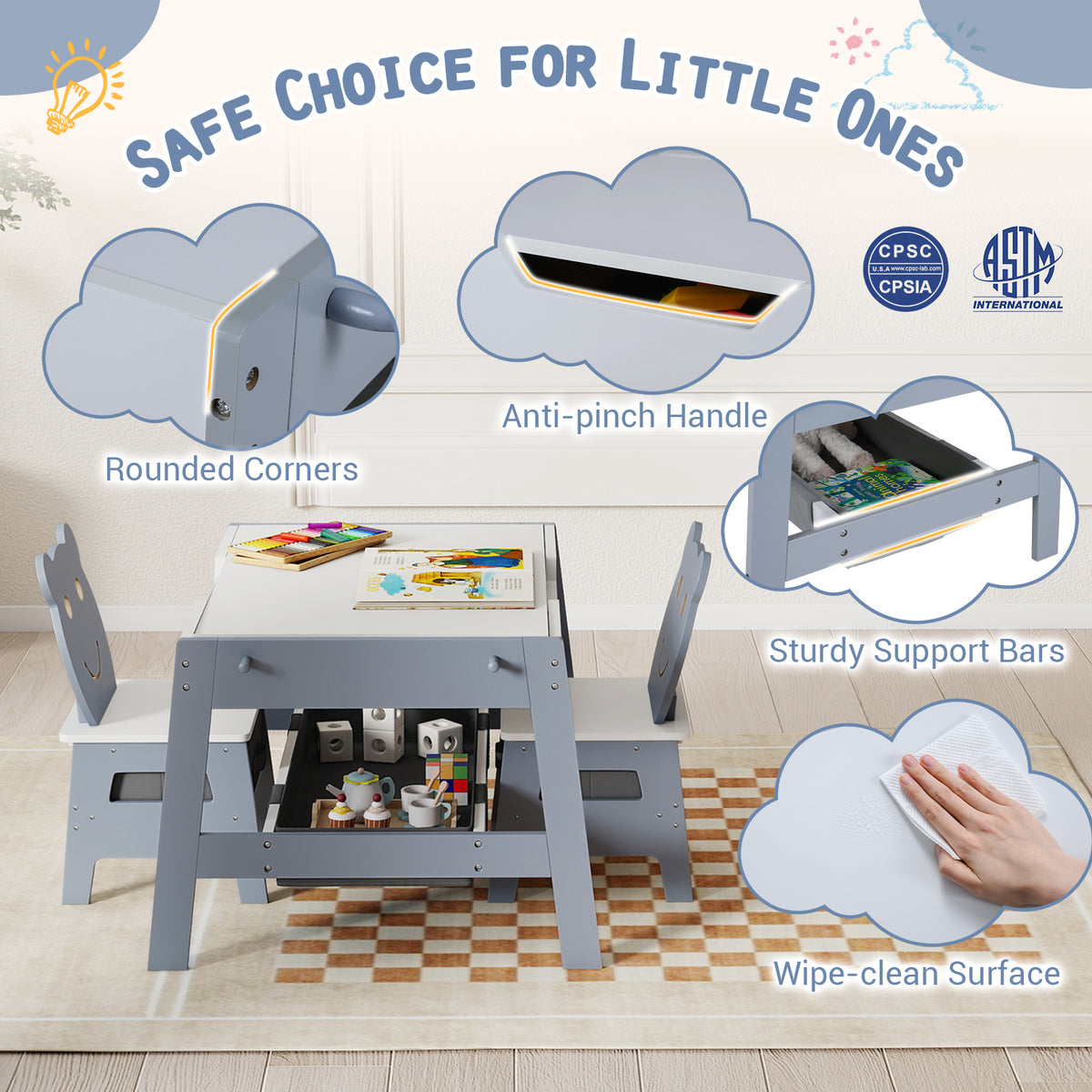 5-in-1 Toddler Art Desk Set with Reversible Chalkboard and Whiteboard - Gray
