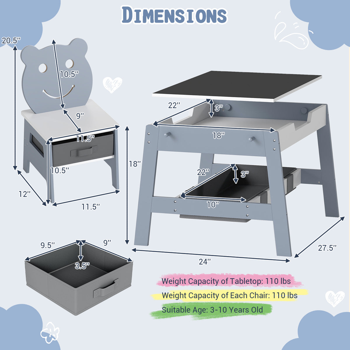 5-in-1 Toddler Art Desk Set with Reversible Chalkboard and Whiteboard - Gray
