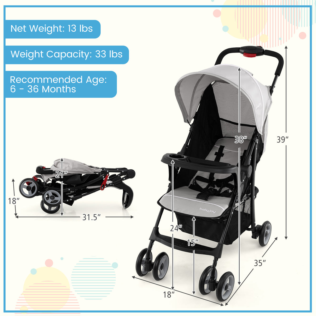 Toddler Compact Travel Stroller with Canopy & 2-Position Backrest - Gray