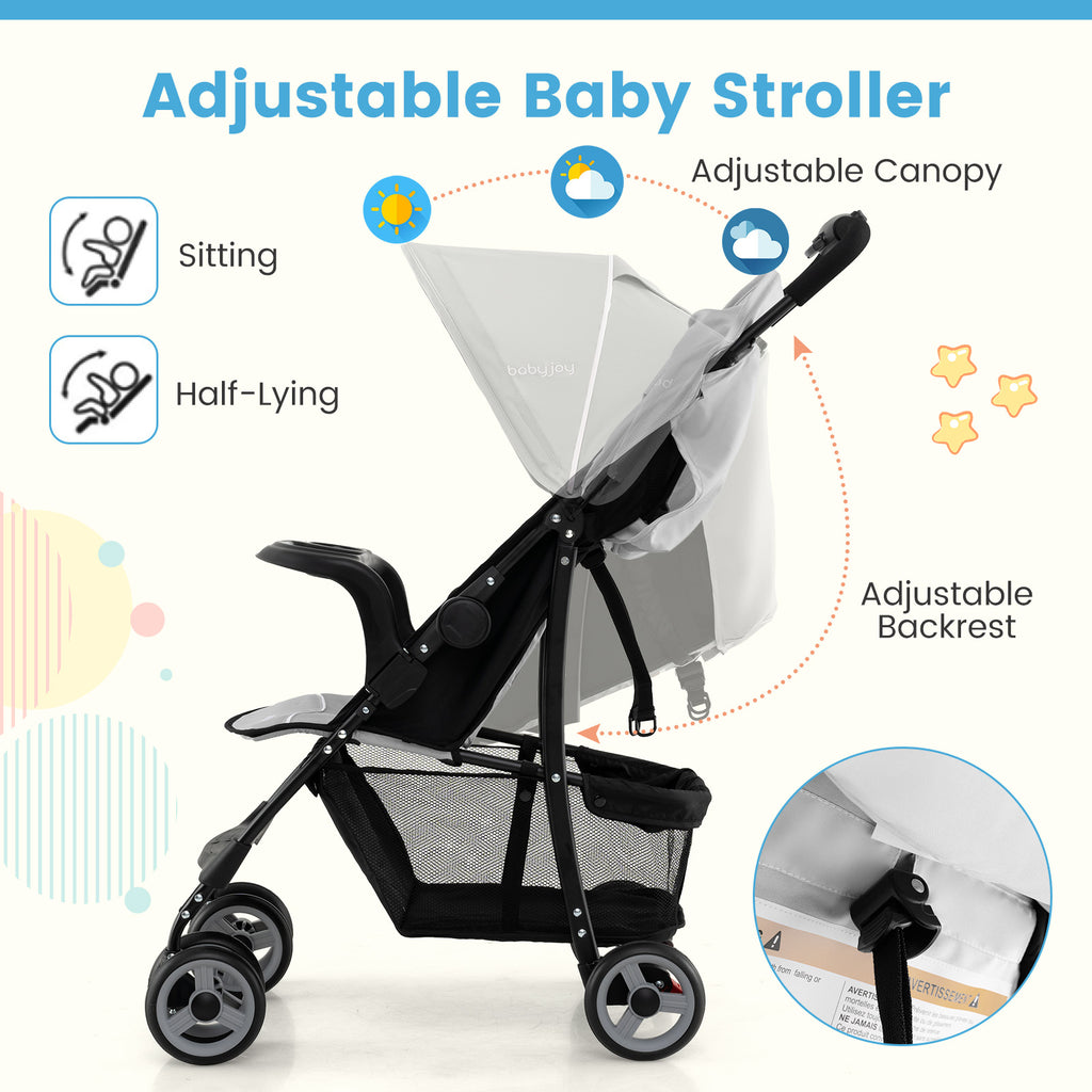 Toddler Compact Travel Stroller with Canopy & 2-Position Backrest - Gray