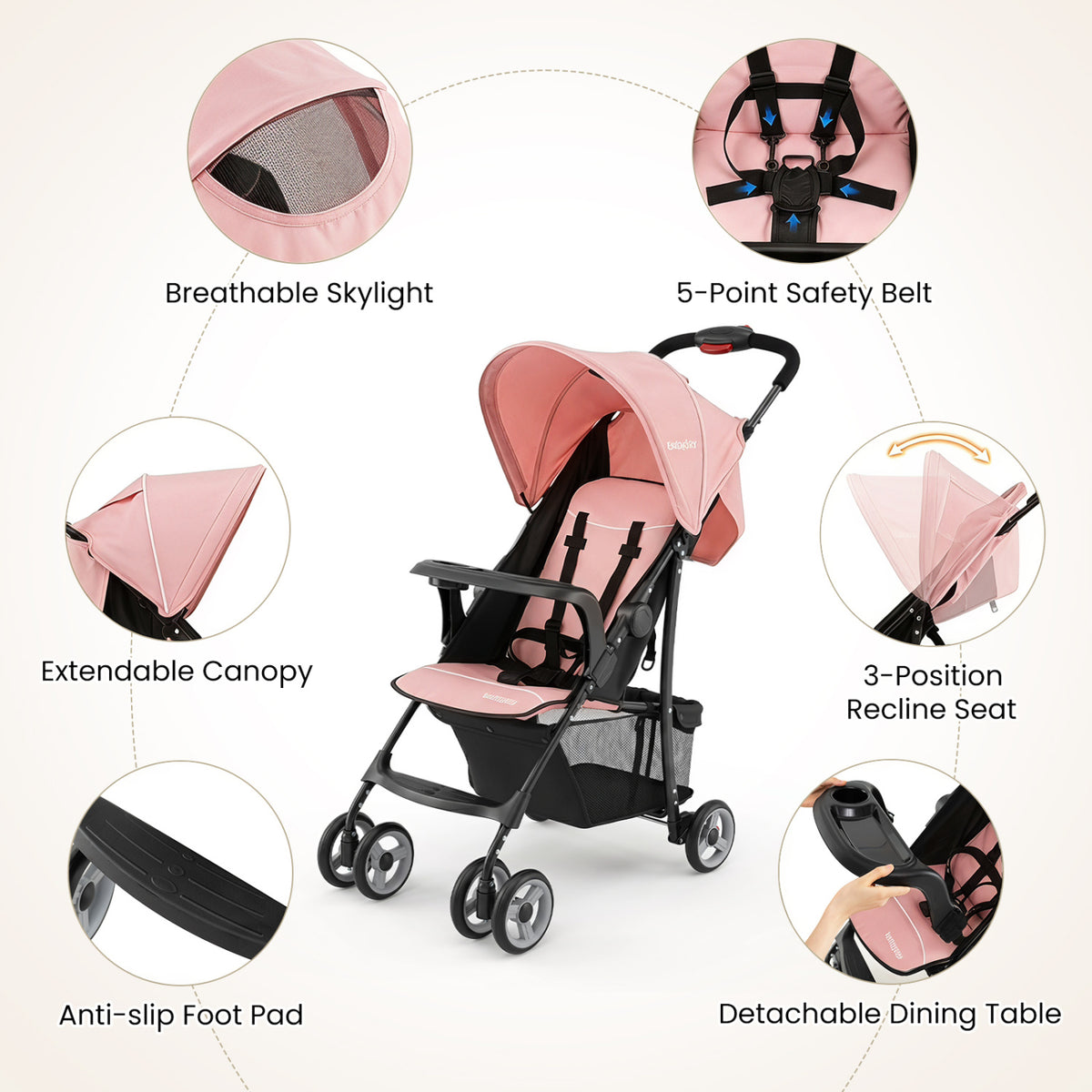 Toddler Compact Travel Stroller with Canopy & 2-Position Backrest - Pink
