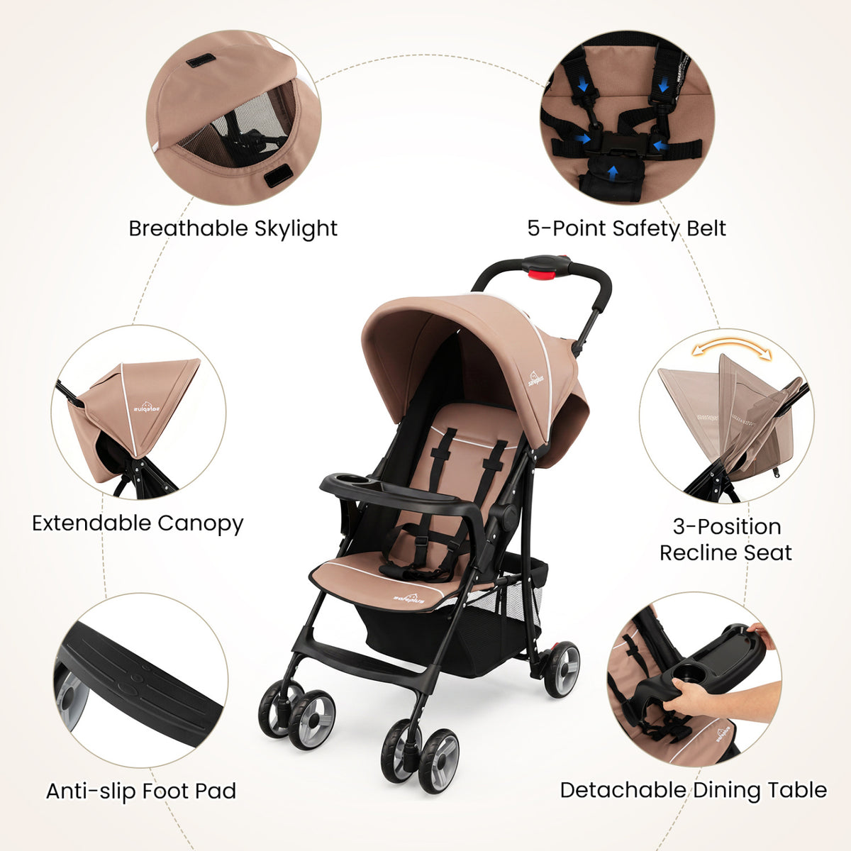 Toddler Compact Travel Stroller with Canopy and Adjustable Backrest - 2 Positions, Brown
