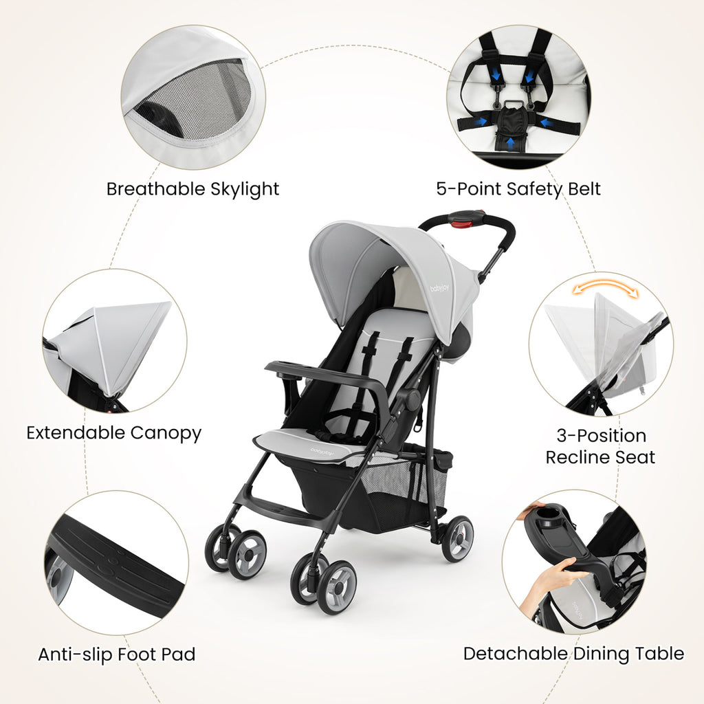 Toddler Compact Travel Stroller with Canopy & 2-Position Backrest - Gray