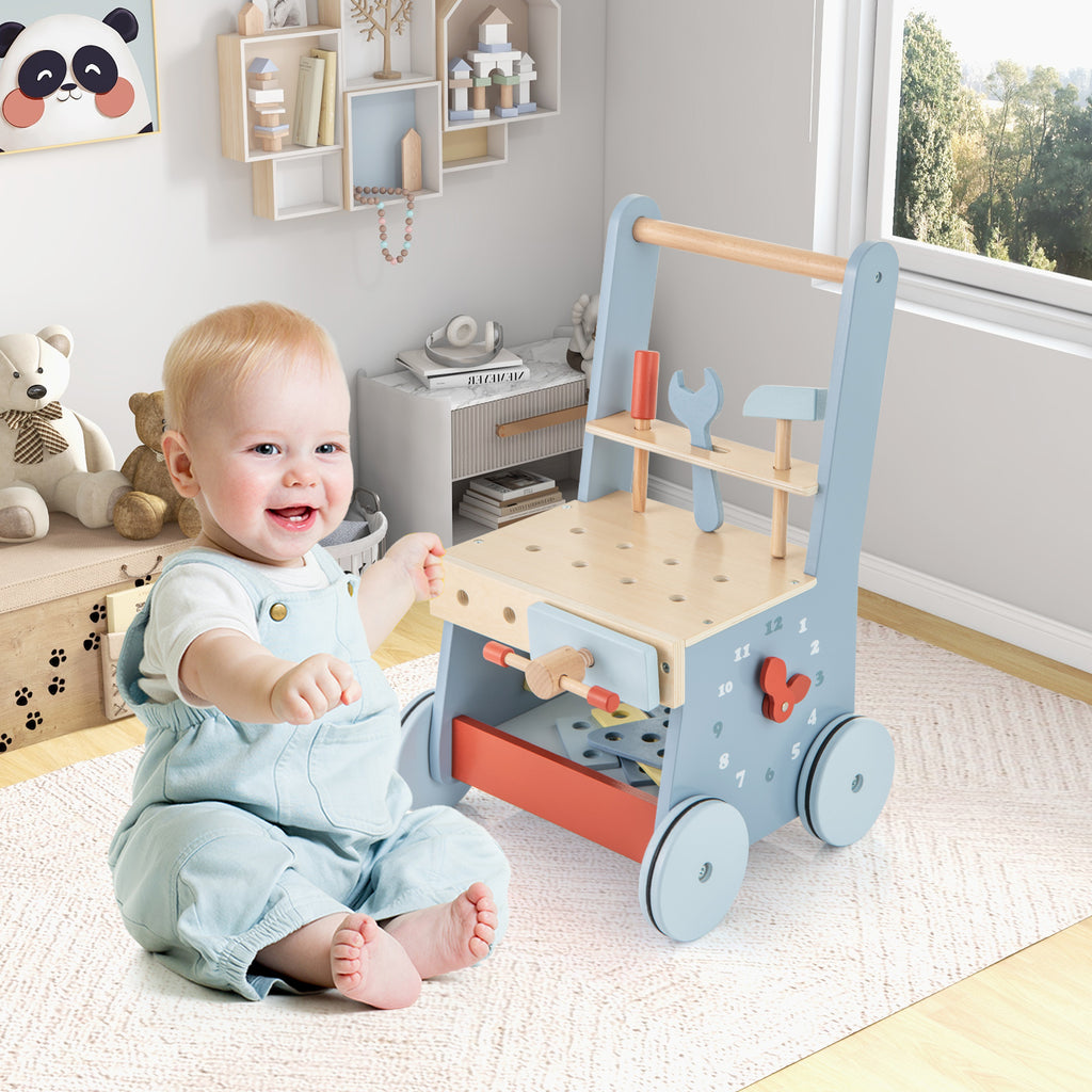 2-in-1 Toddler Wooden Push Walker & Tool Bench with Multi-Activity Center - Costway