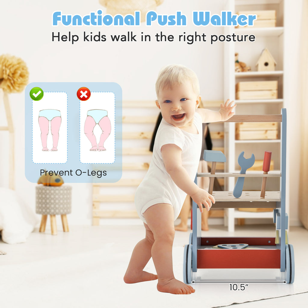 2-in-1 Toddler Wooden Push Walker & Tool Bench with Multi-Activity Center - Costway