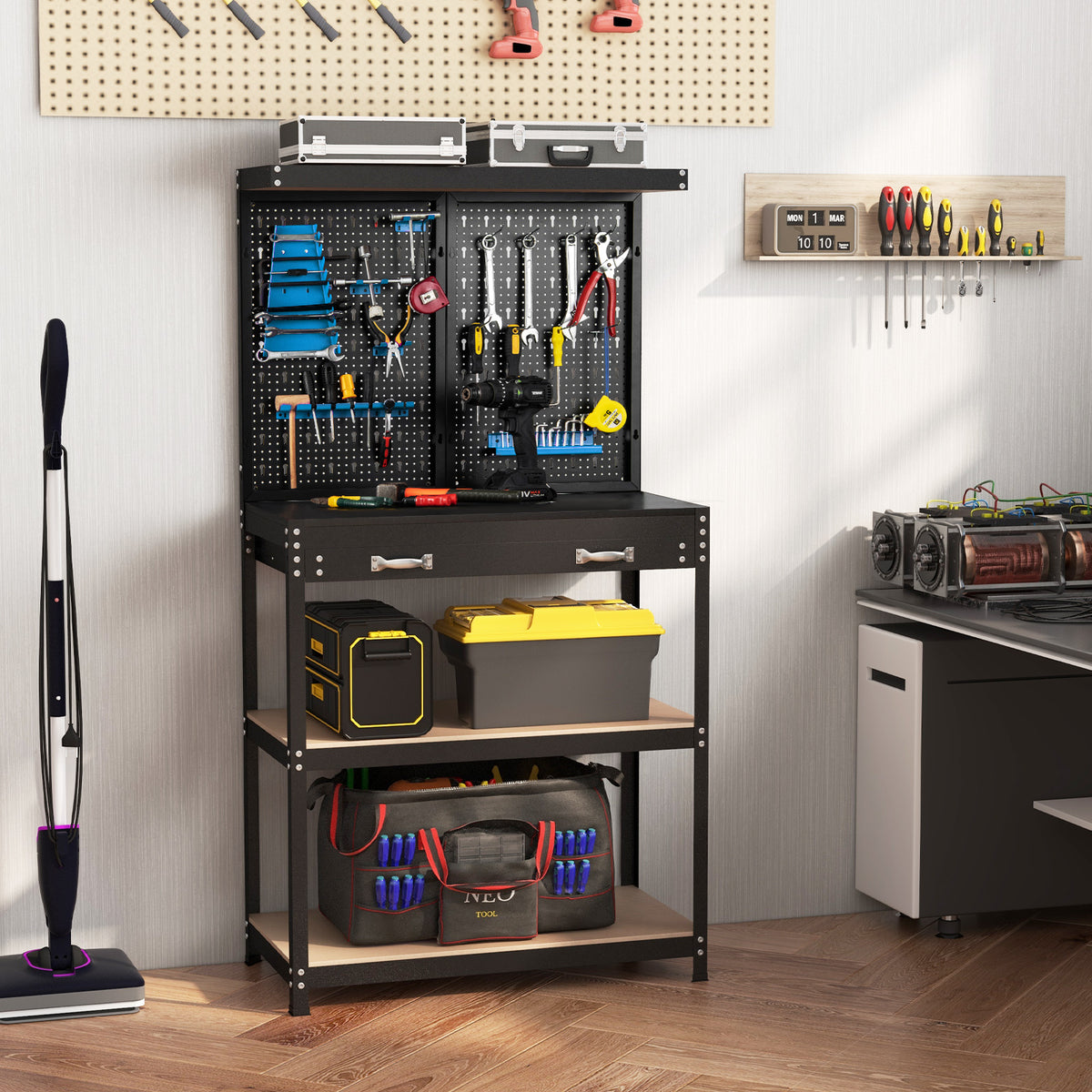 Tool Storage Workbench with Pegboard 14 Hanging Accessories for Garage