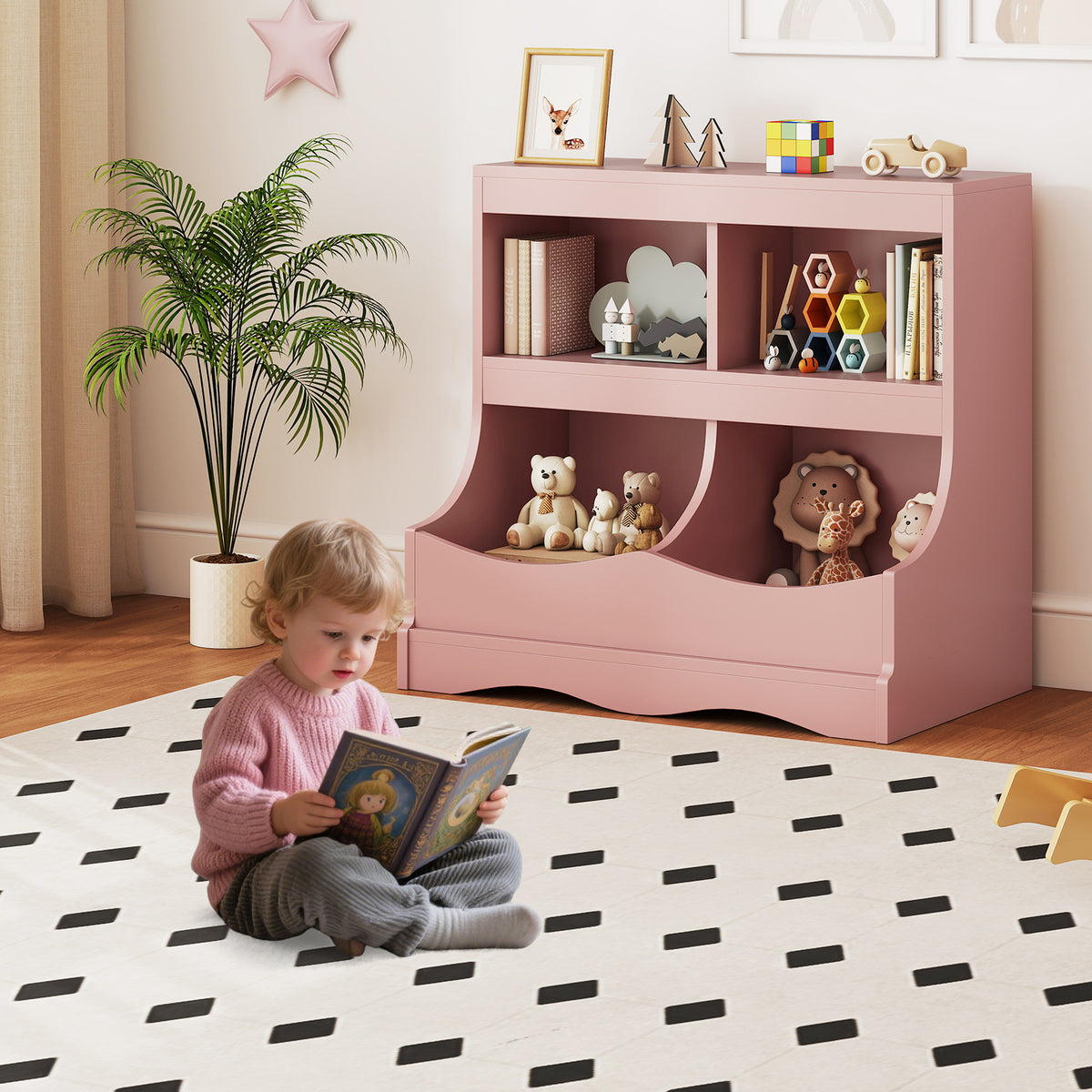 Kids Toy Storage Organizer 4 Cubby Kids Bookcase - Pink, Child-Friendly