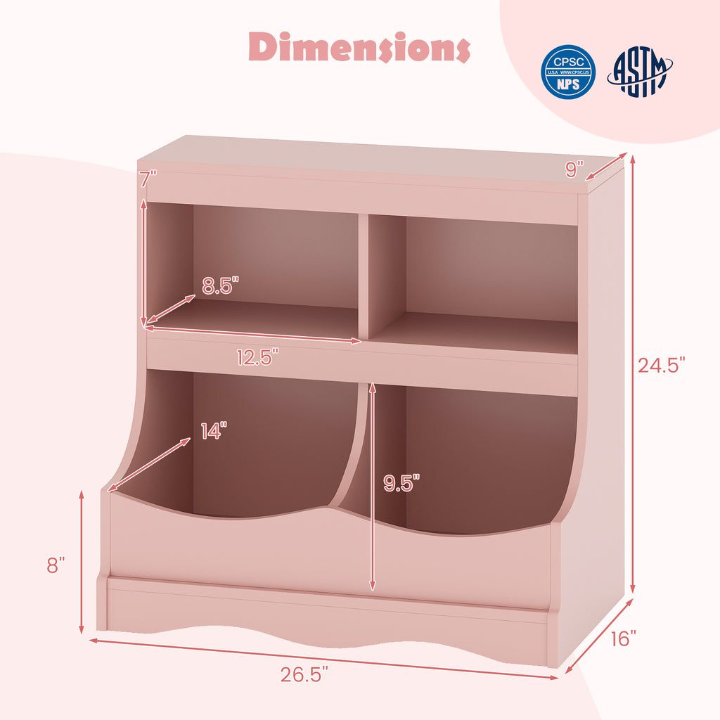 Kids Toy Storage Organizer 4 Cubby Kids Bookcase - Pink, Child-Friendly