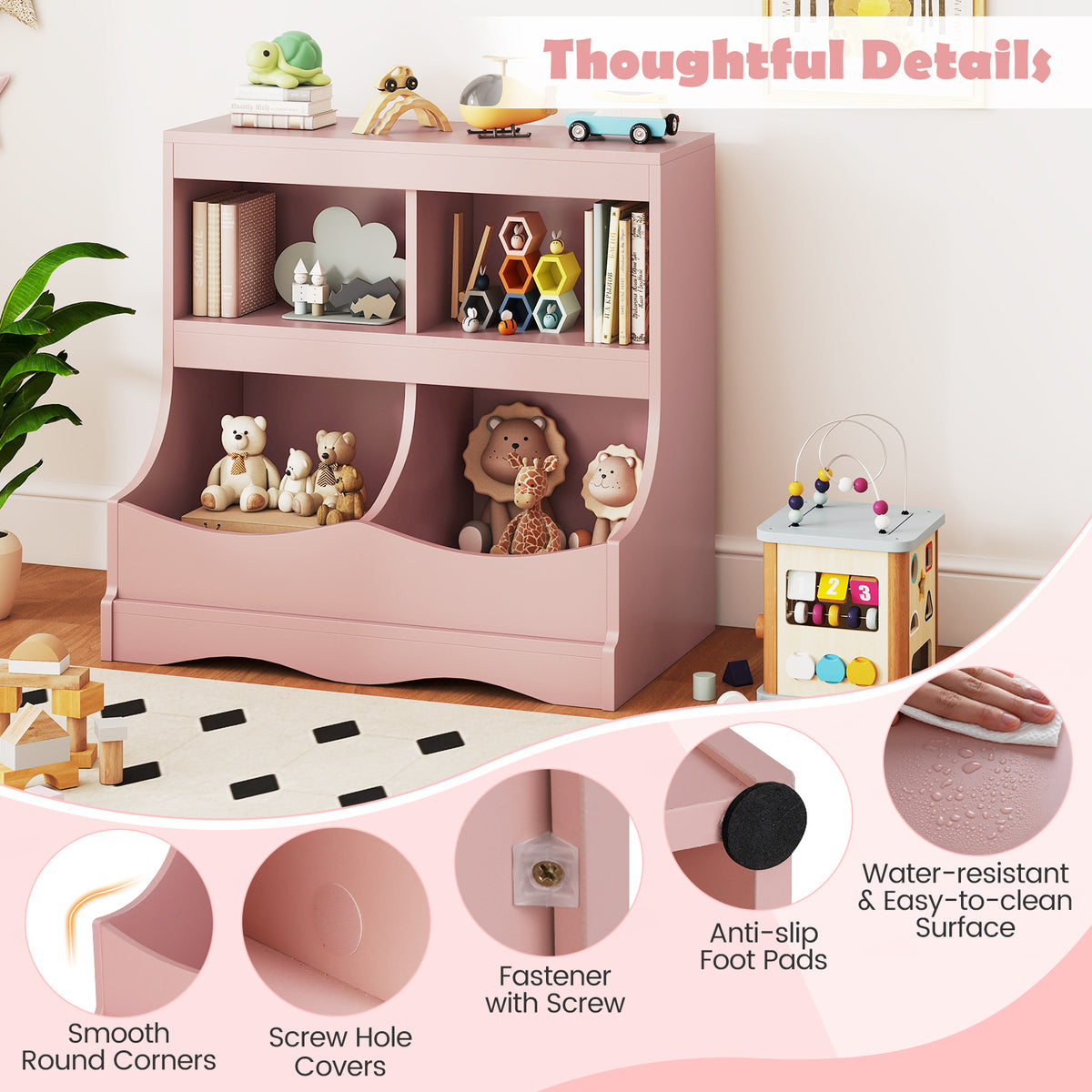 Kids Toy Storage Organizer 4 Cubby Kids Bookcase - Pink, Child-Friendly