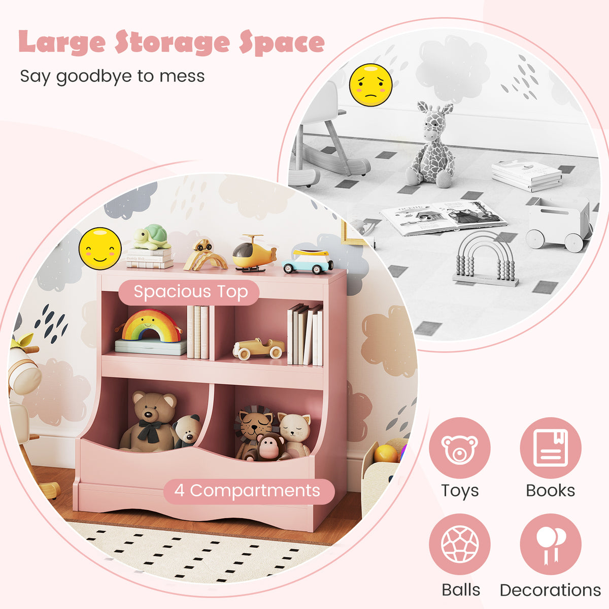 Kids Toy Storage Organizer 4 Cubby Kids Bookcase - Pink, Child-Friendly