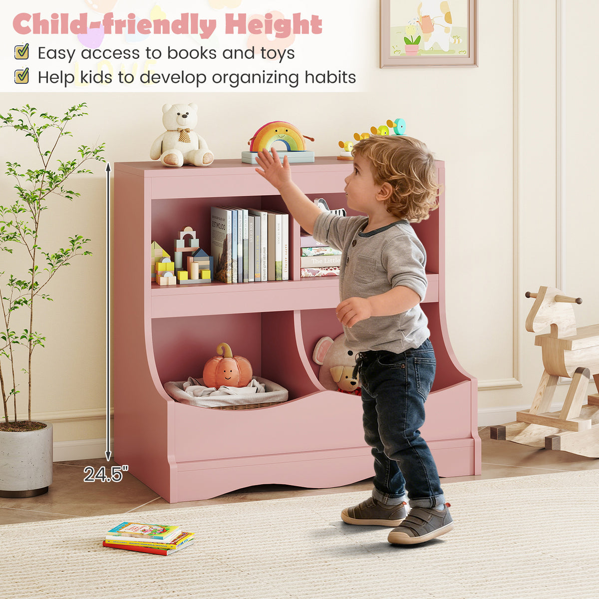 Kids Toy Storage Organizer 4 Cubby Kids Bookcase - Pink, Child-Friendly