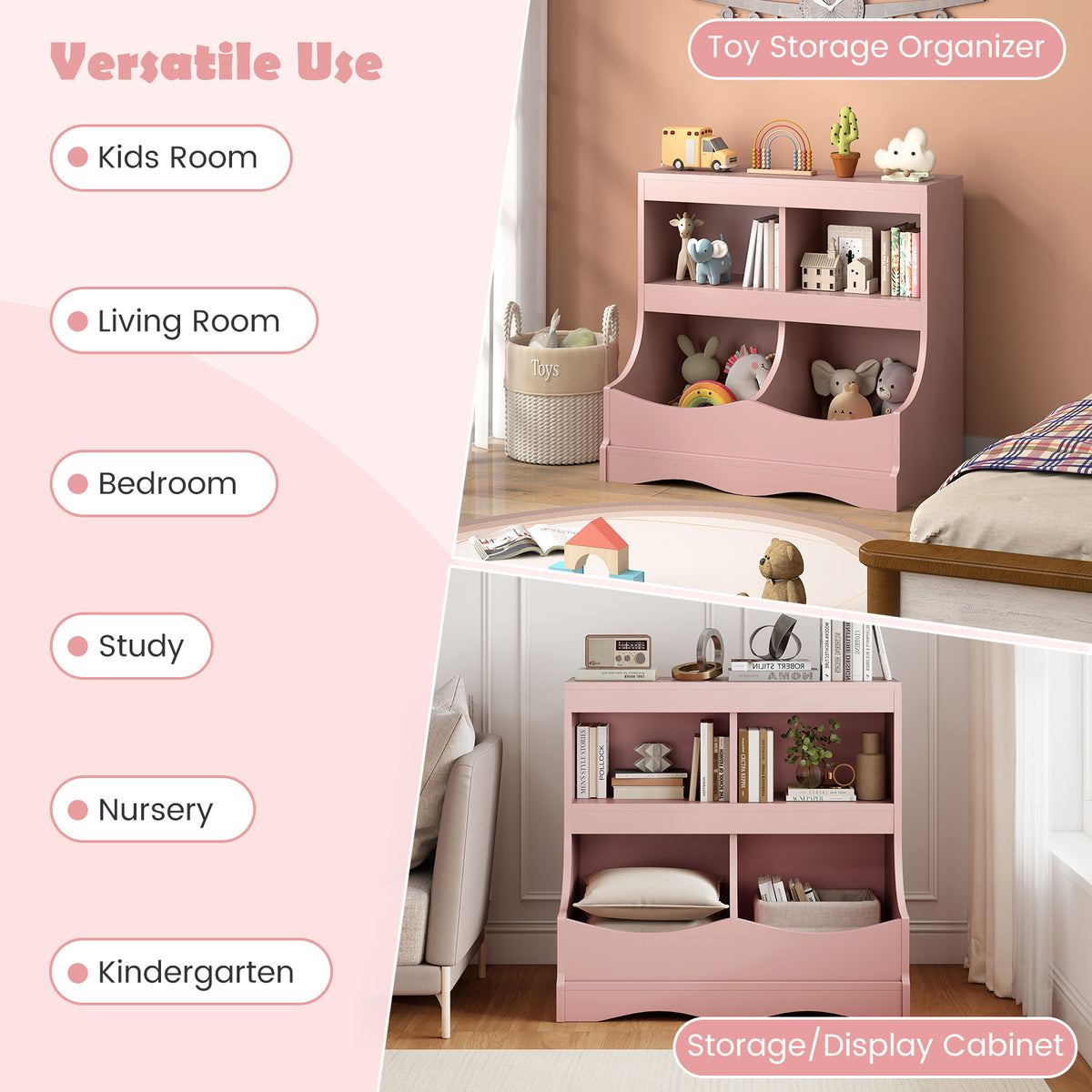 Kids Toy Storage Organizer 4 Cubby Kids Bookcase - Pink, Child-Friendly