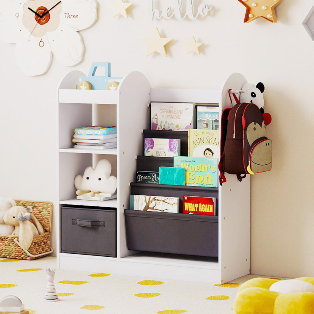 Toy Storage Organizer with 4-Tier Sling Shelves - White Kids Playroom Shelf
