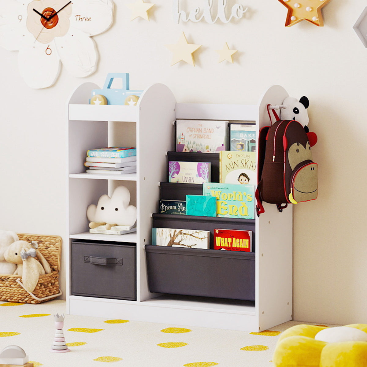Toy Storage Organizer with 4-Tier Sling Shelves - White Kids Playroom Shelf