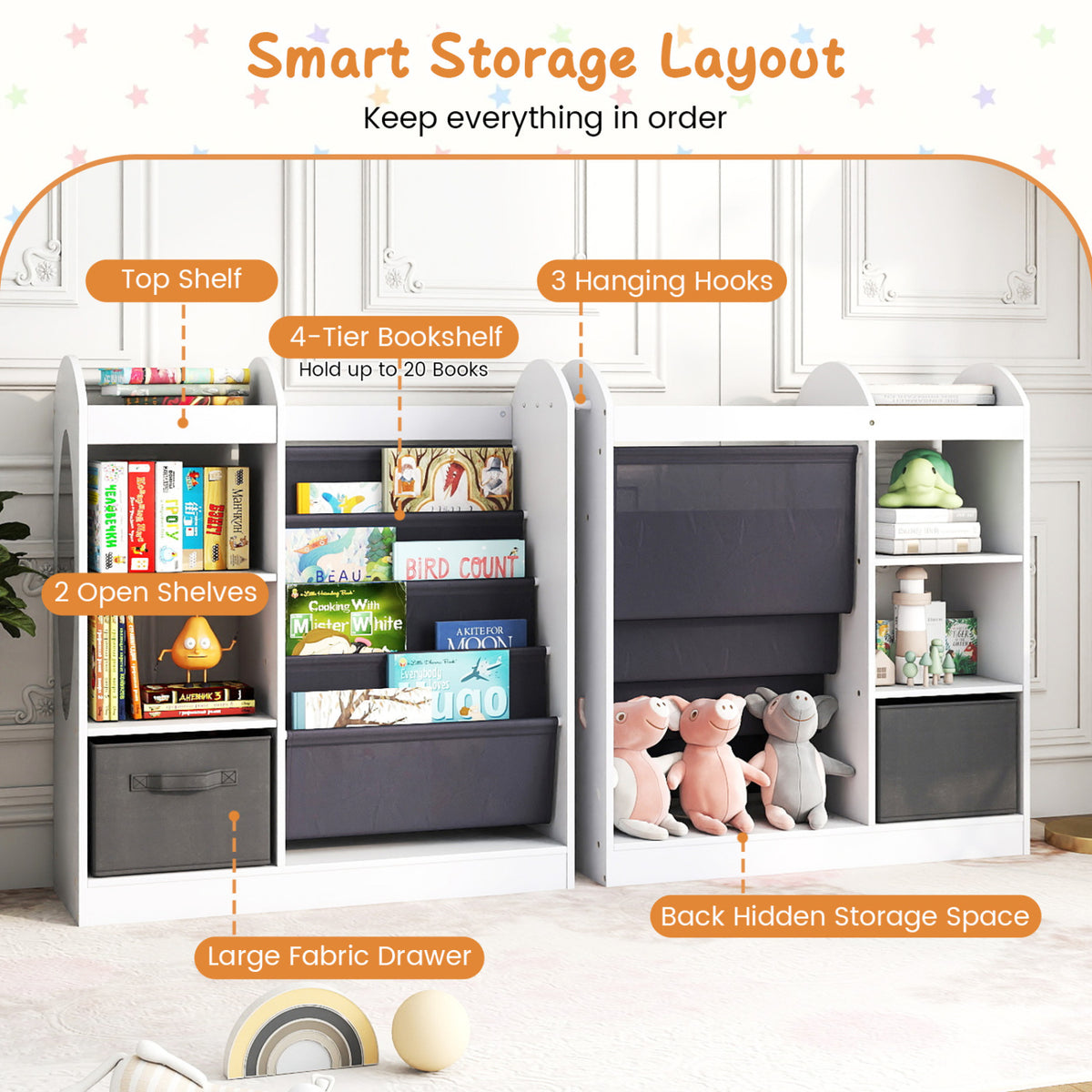 Toy Storage Organizer with 4-Tier Sling Shelves - White Kids Playroom Shelf