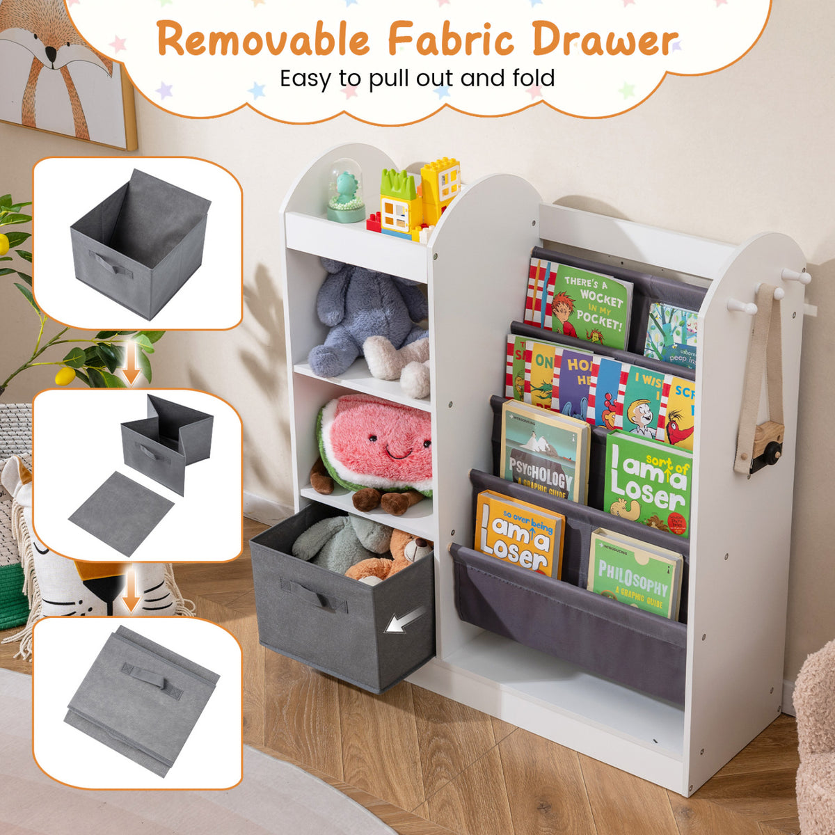 Toy Storage Organizer with 4-Tier Sling Shelves - White Kids Playroom Shelf
