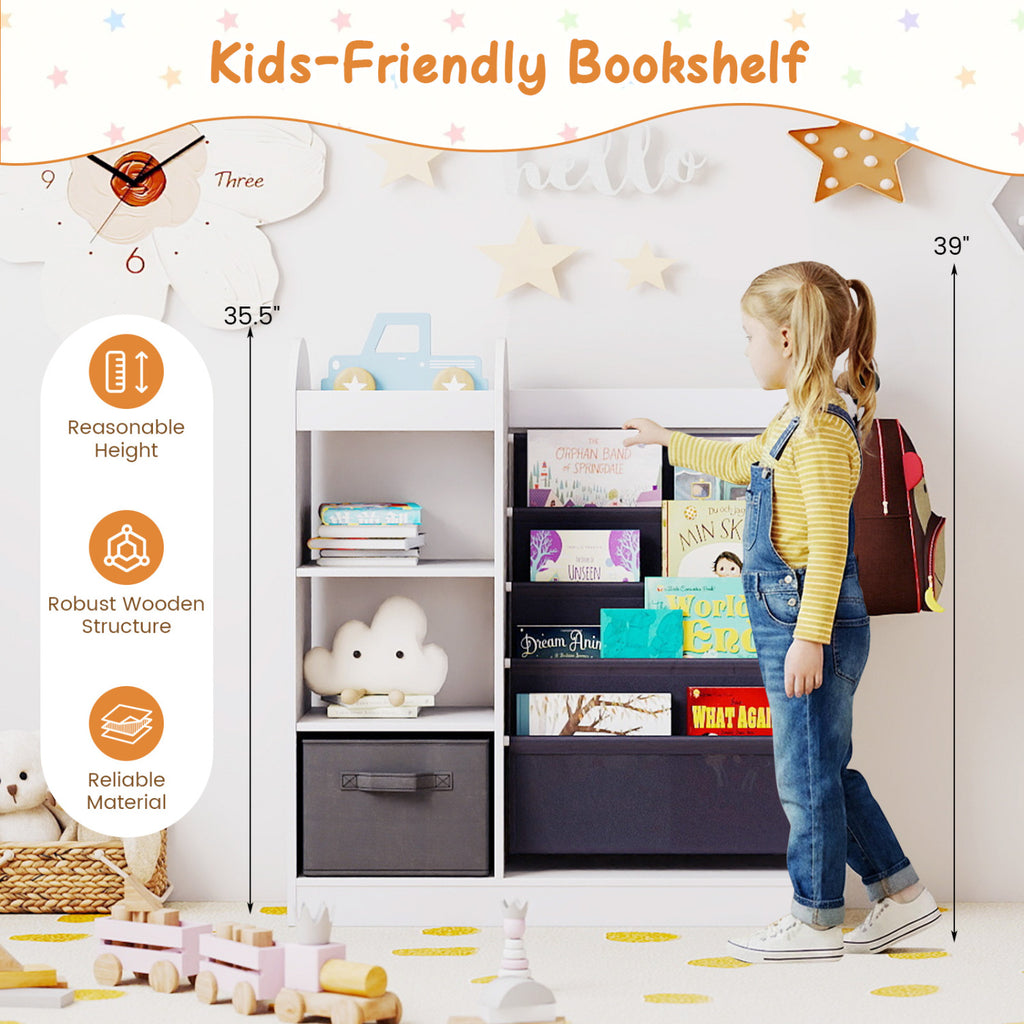 Toy Storage Organizer with 4-Tier Sling Shelves - White Kids Playroom Shelf