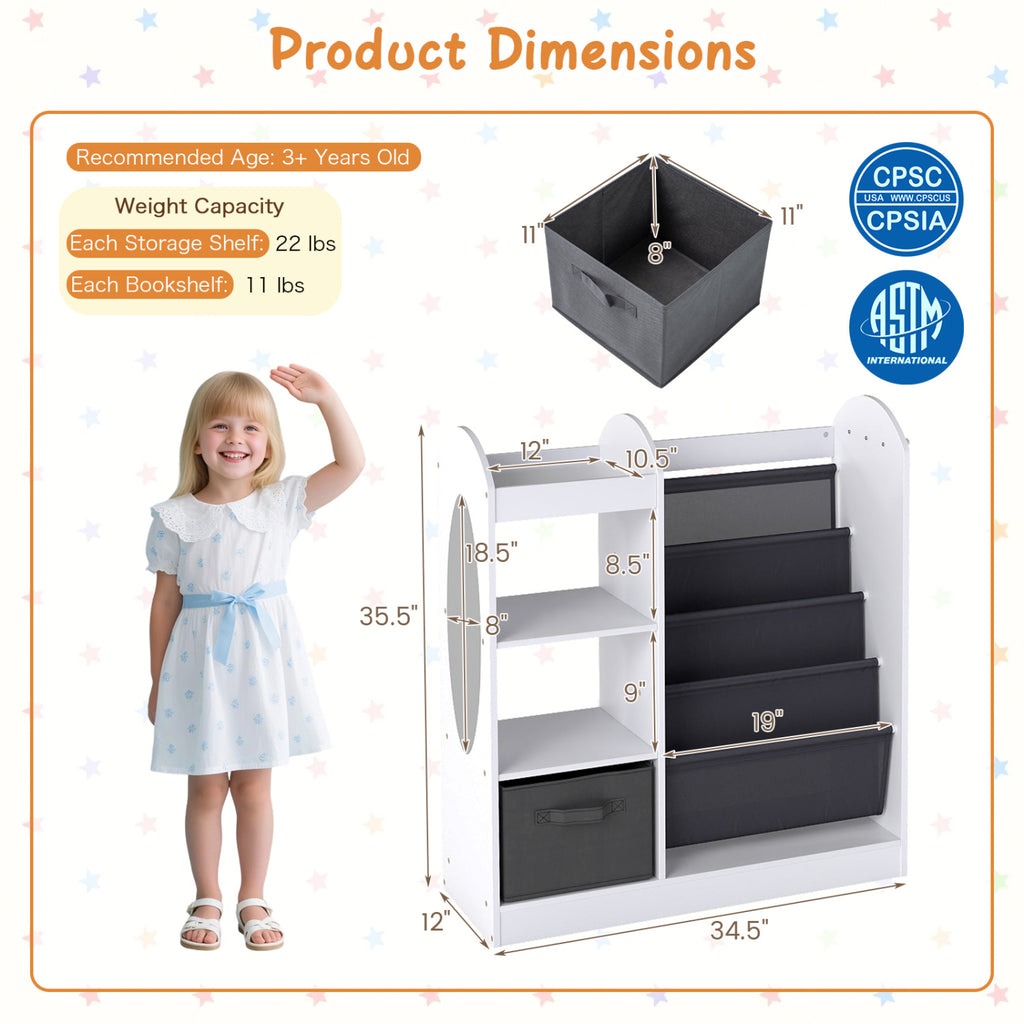 Toy Storage Organizer with 4-Tier Sling Shelves - White Kids Playroom Shelf