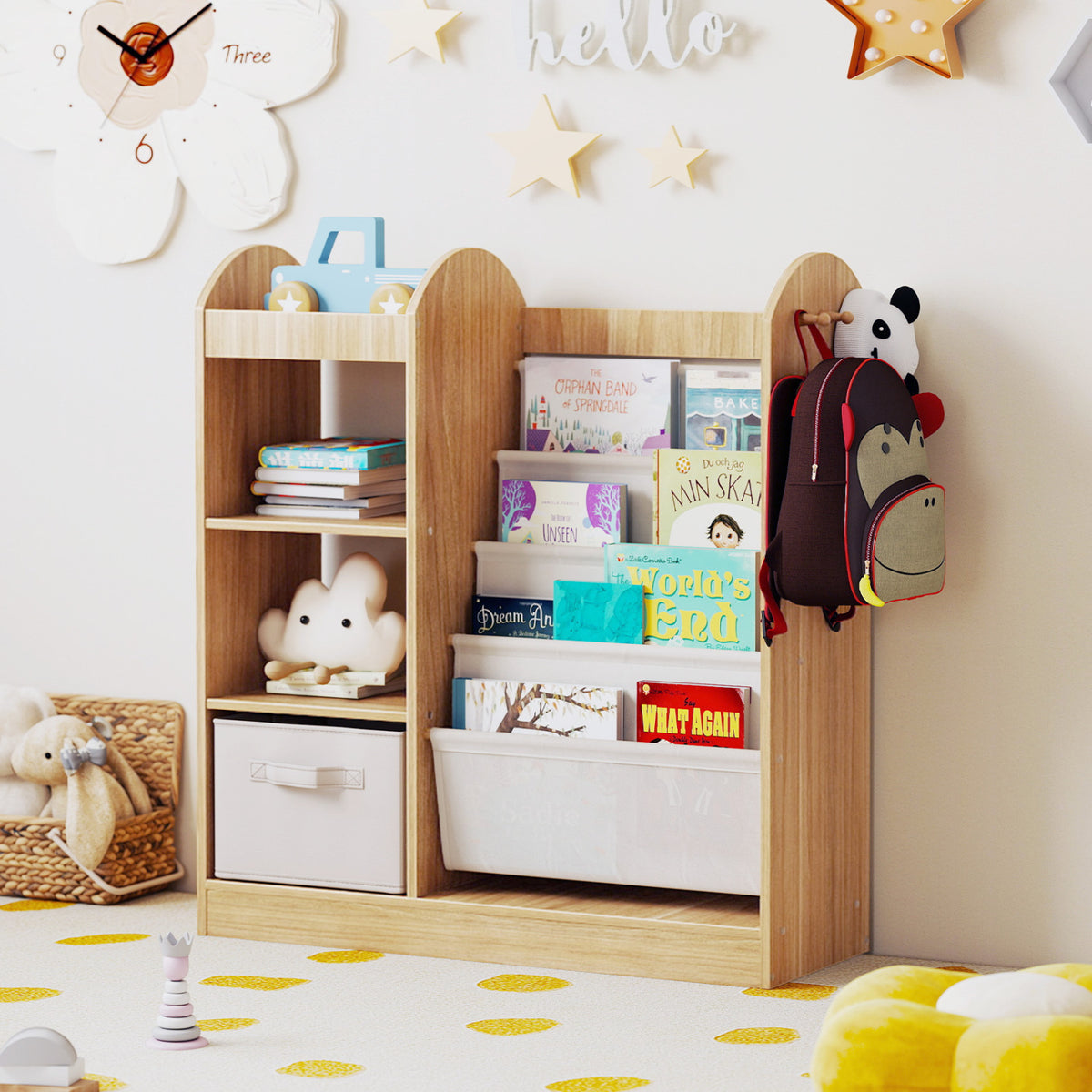Toy Storage Organizer with 4-Tier Sling Shelves - White Kids Playroom Shelf