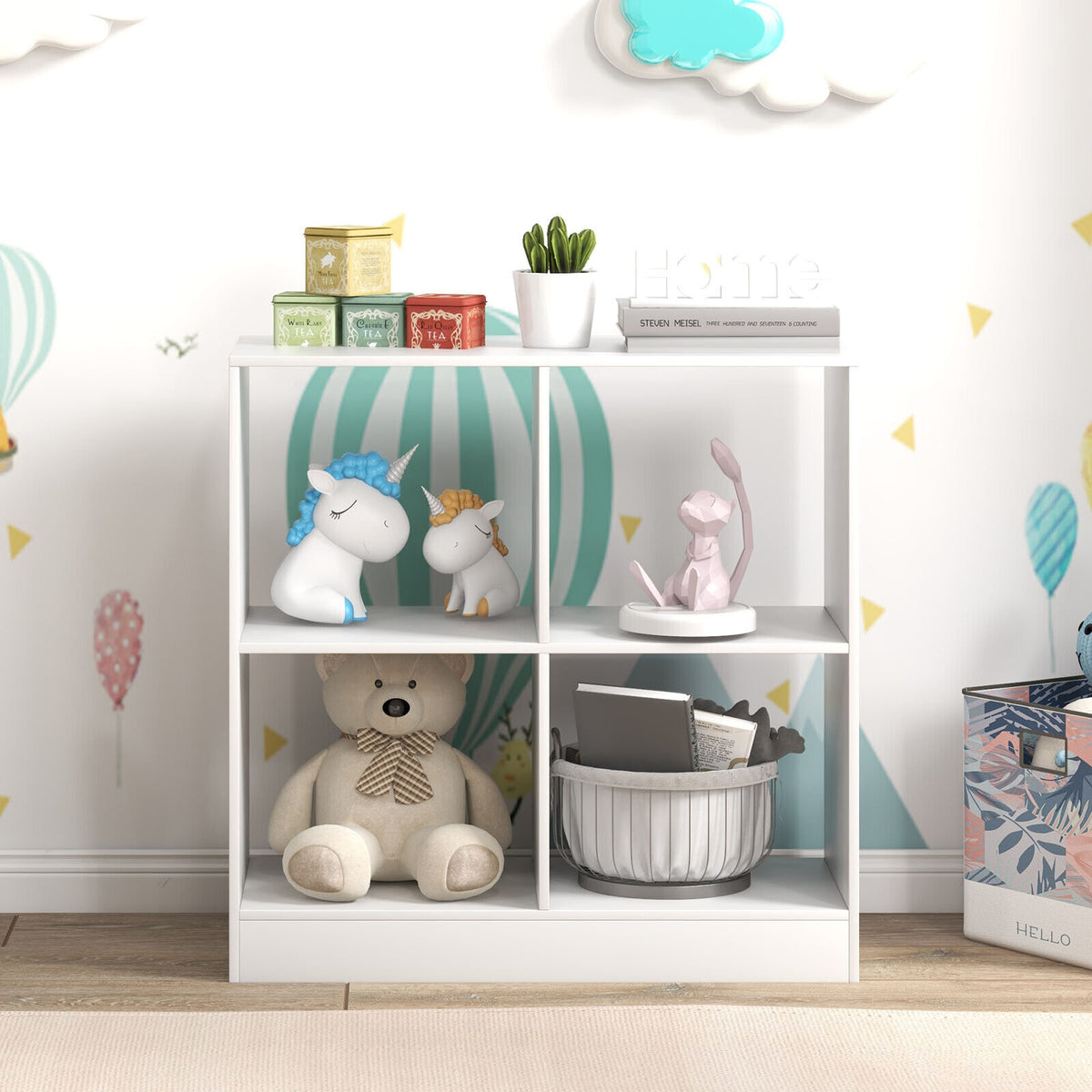 Kids Bookcase with 4 Cubes - Freestanding Storage Shelf, White