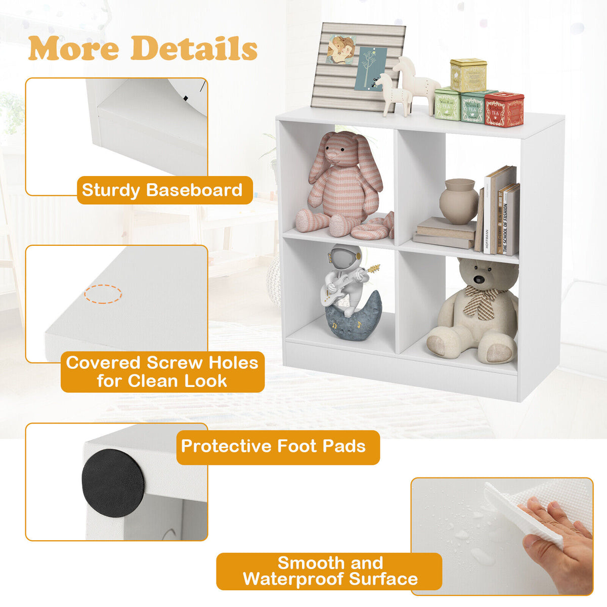 Kids Bookcase with 4 Cubes - Freestanding Storage Shelf, White