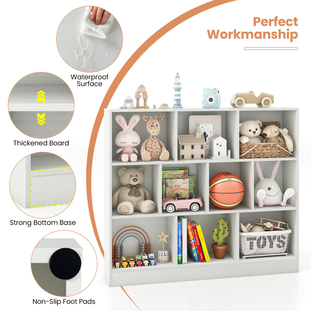 White Wooden Toy Storage Organizer with 10 Cubes - Kid-Friendly Kids Room