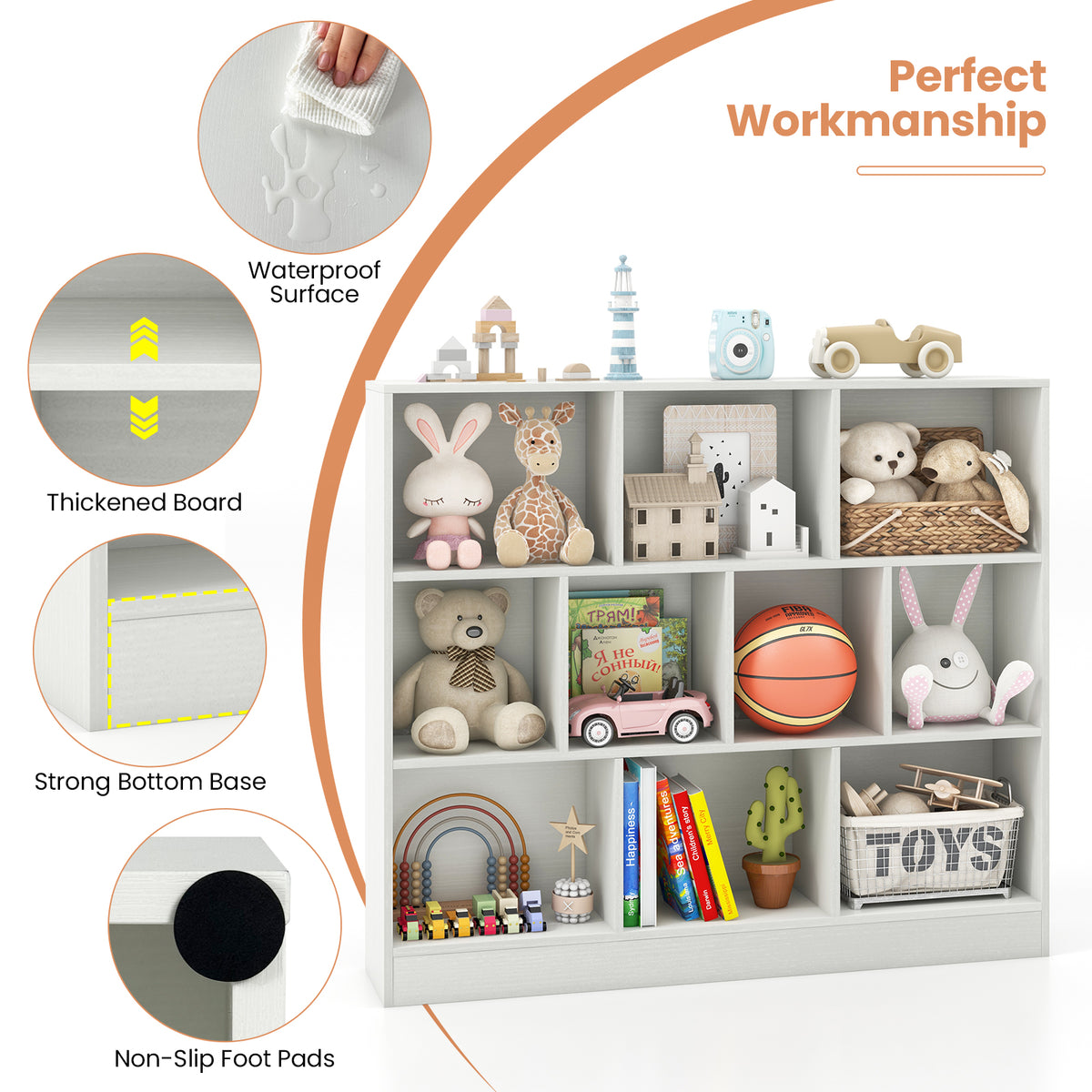 White Wooden Toy Storage Organizer with 10 Cubes - Kid-Friendly Kids Room