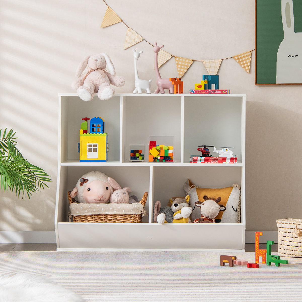Wooden 5-Cube Kids Toy Storage Organizer - White, Anti-Tipping Kids Toy Shelf