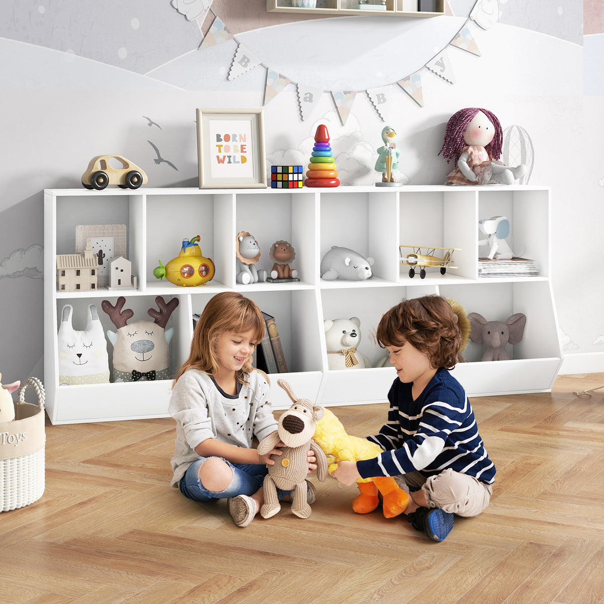 Wooden 5-Cube Kids Toy Storage Organizer - White, Anti-Tipping Kids Toy Shelf