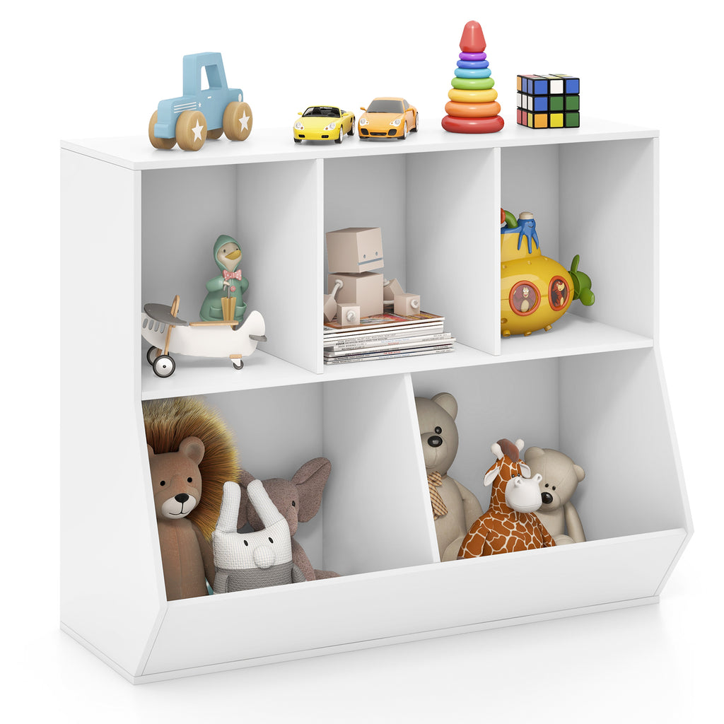 Wooden 5-Cube Kids Toy Storage Organizer - White, Anti-Tipping Kids Toy Shelf