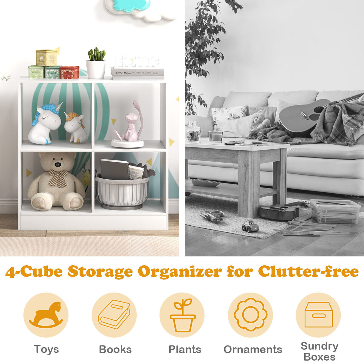 Kids Bookcase with 4 Cubes - Freestanding Storage Shelf, White