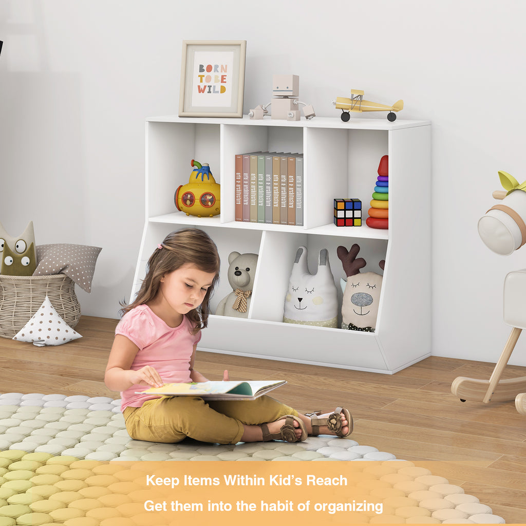 Wooden 5-Cube Kids Toy Storage Organizer - White, Anti-Tipping Kids Toy Shelf