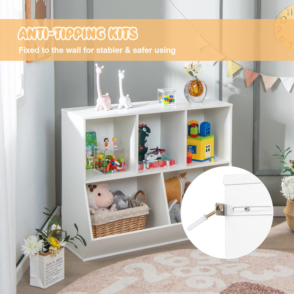 Wooden 5-Cube Kids Toy Storage Organizer - White, Anti-Tipping Kids Toy Shelf