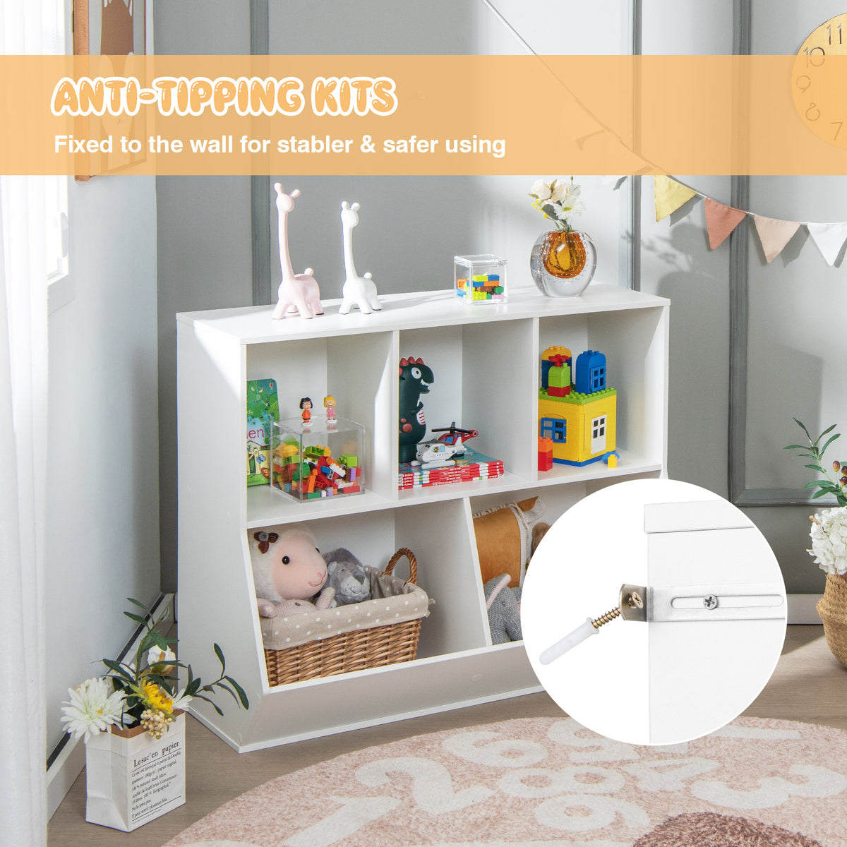 Wooden 5-Cube Kids Toy Storage Organizer - White, Anti-Tipping Kids Toy Shelf