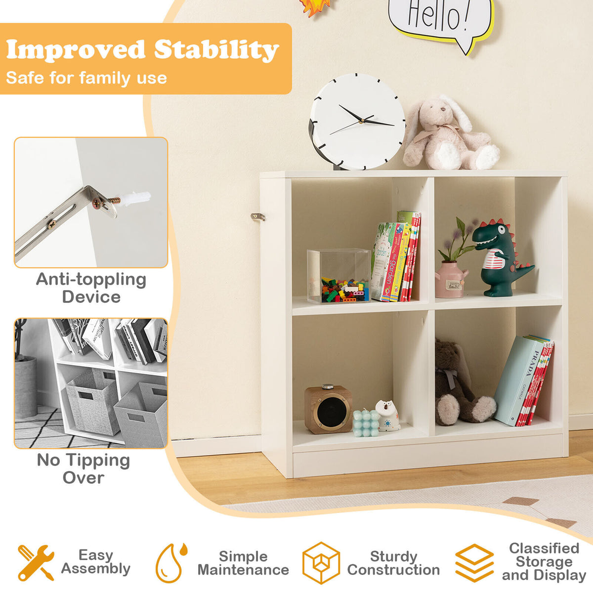 Kids Bookcase with 4 Cubes - Freestanding Storage Shelf, White