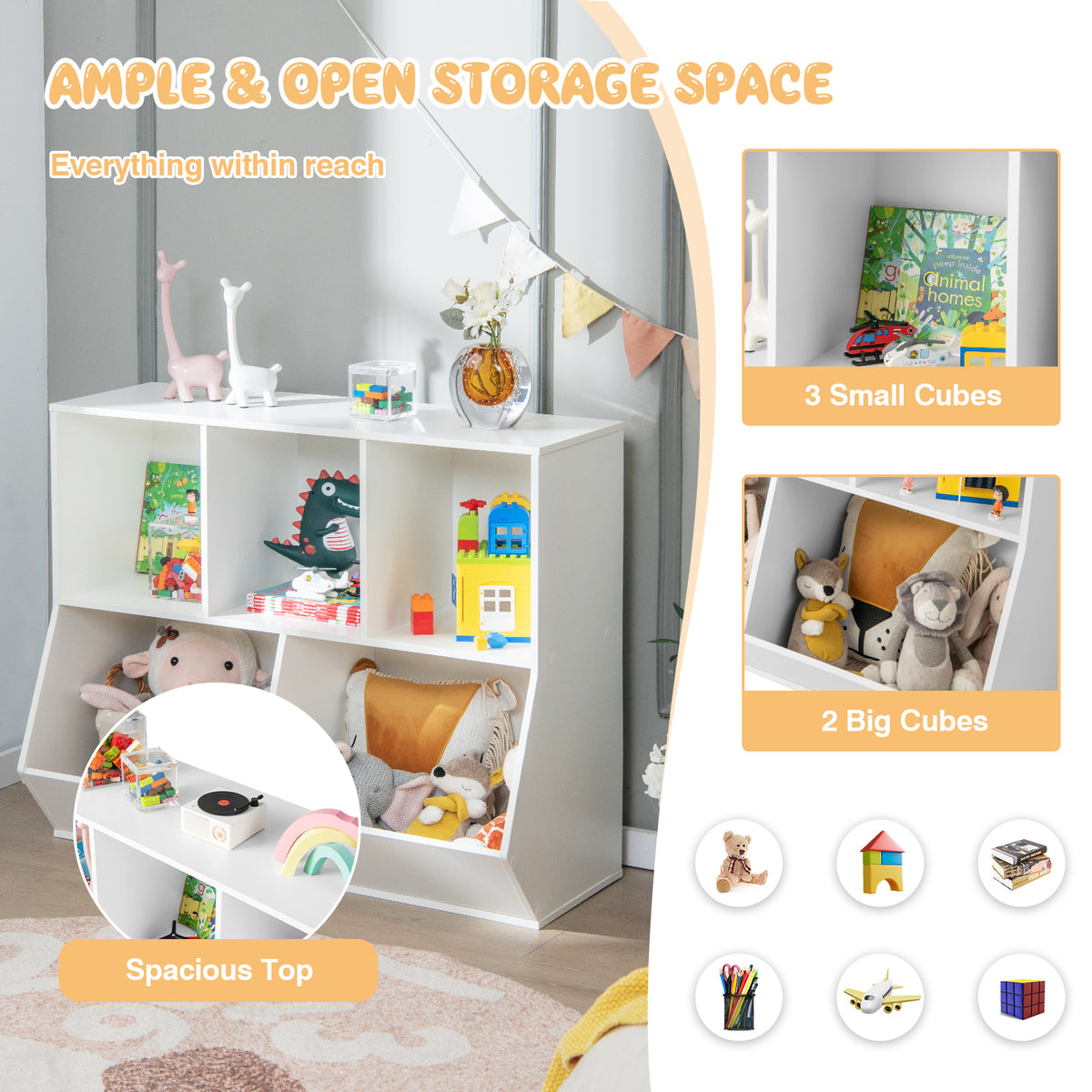 Wooden 5-Cube Kids Toy Storage Organizer - White, Anti-Tipping Kids Toy Shelf