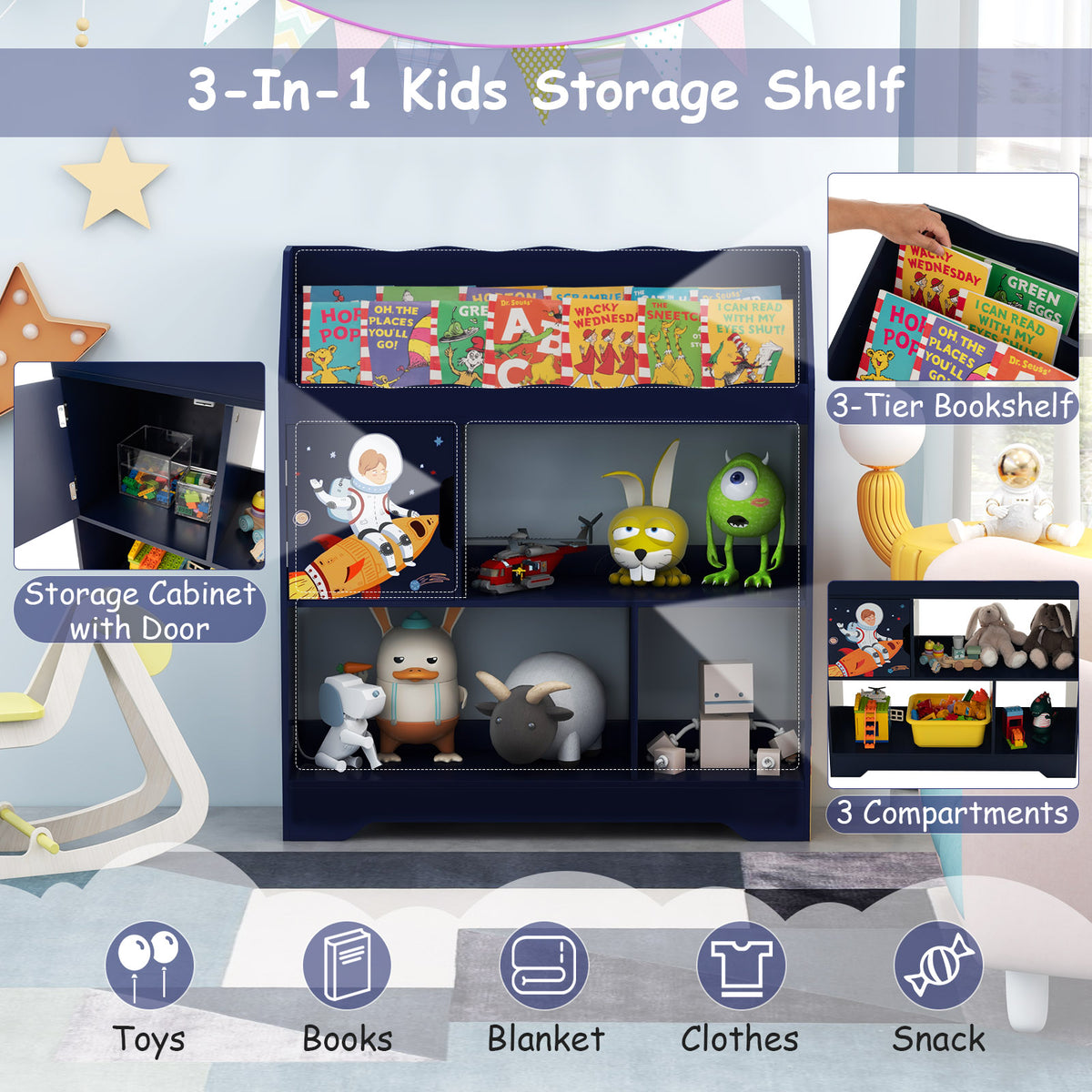 Kids Toy Storage Organizer with Book Shelf & Cabinet - Navy Variation