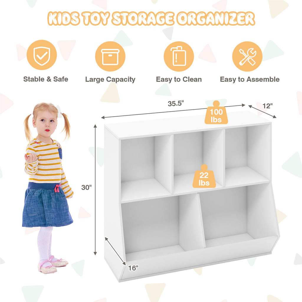 Wooden 5-Cube Kids Toy Storage Organizer - White, Anti-Tipping Kids Toy Shelf