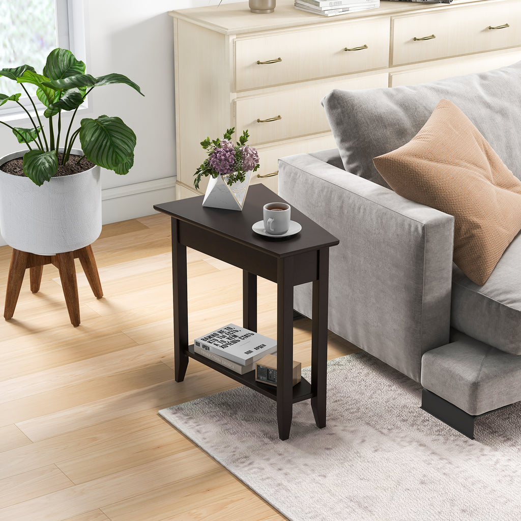 2-Tier Wedge Narrow End Table with Storage Shelf, Walnut