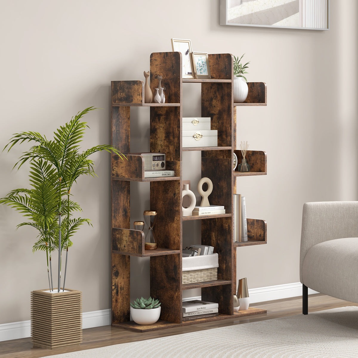 Tree-Shaped Bookshelf 13 Compartments - Rustic Brown, 3 Rows