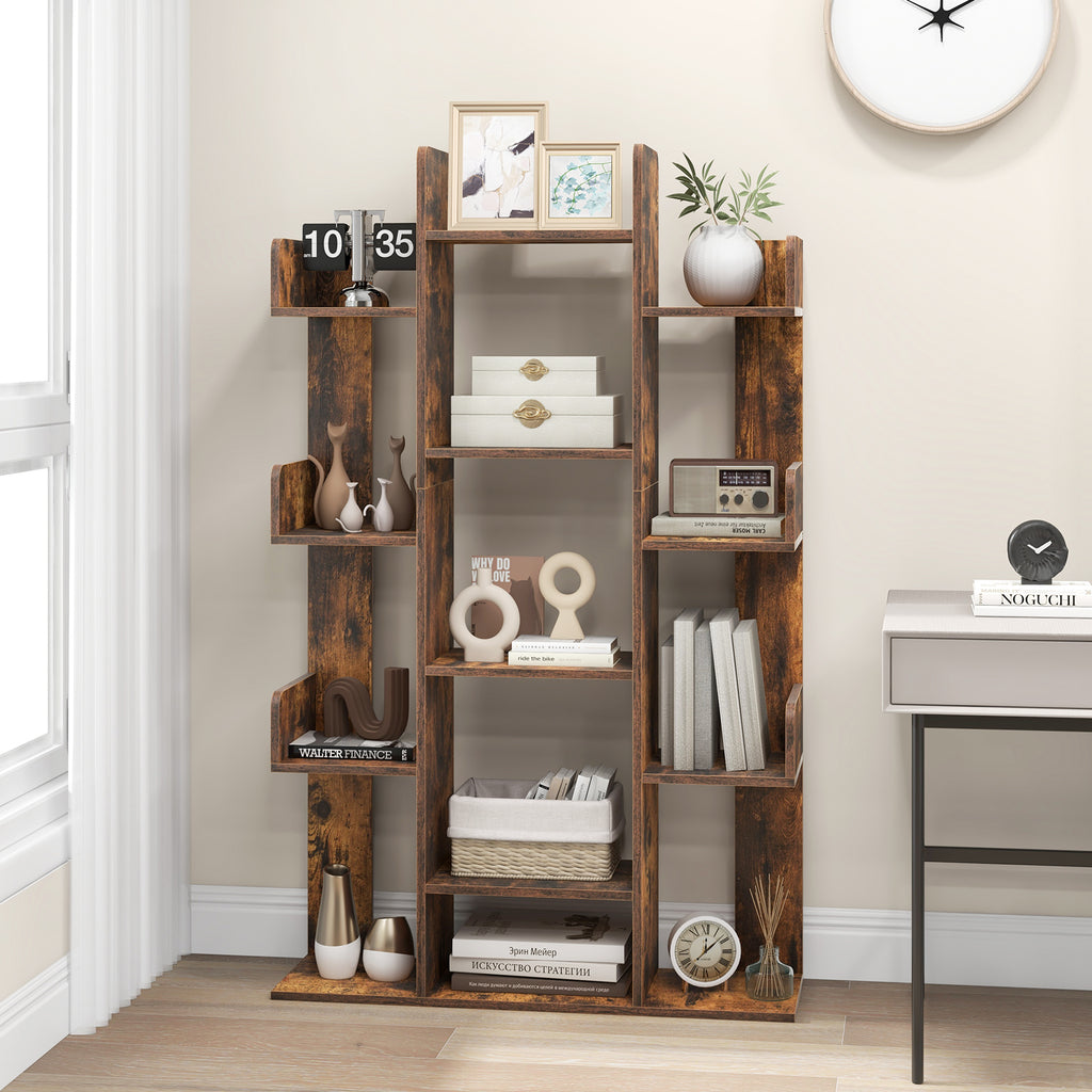 Tree-Shaped Bookshelf 13 Compartments - Rustic Brown, 3 Rows