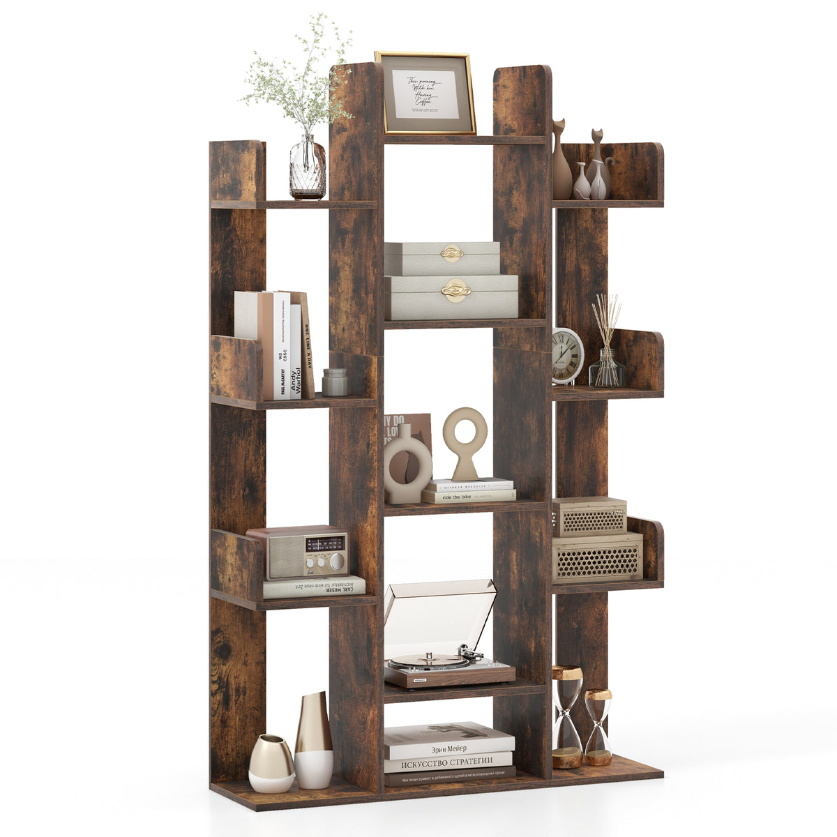 Tree-Shaped Bookshelf 13 Compartments - Rustic Brown, 3 Rows