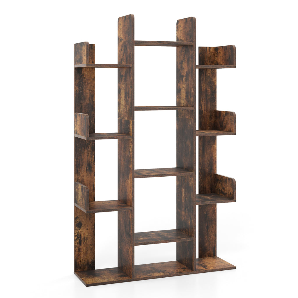 Tree-Shaped Bookshelf 13 Compartments - Rustic Brown, 3 Rows