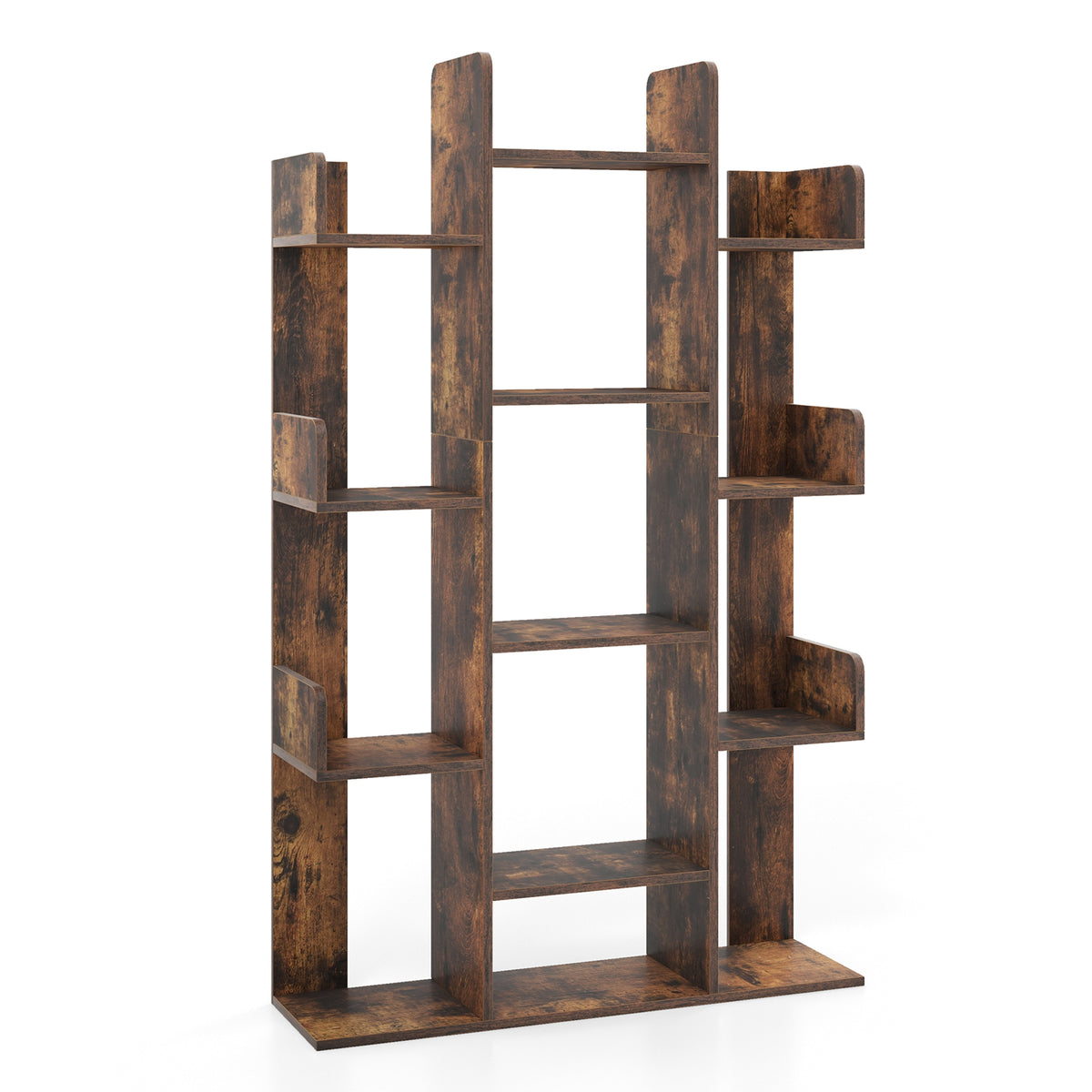 Tree-Shaped Bookshelf 13 Compartments - Rustic Brown, 3 Rows