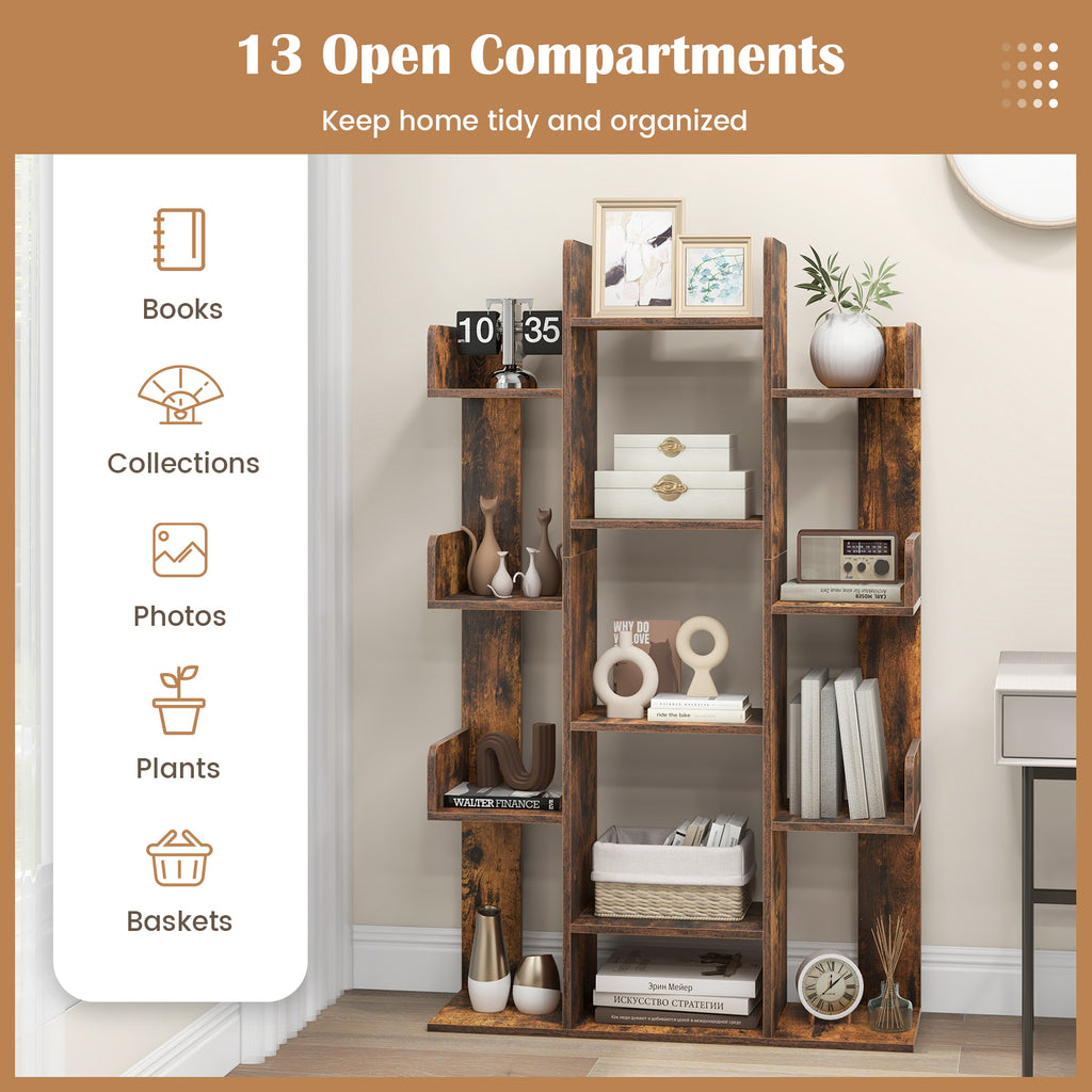 Tree-Shaped Bookshelf 13 Compartments - Rustic Brown, 3 Rows